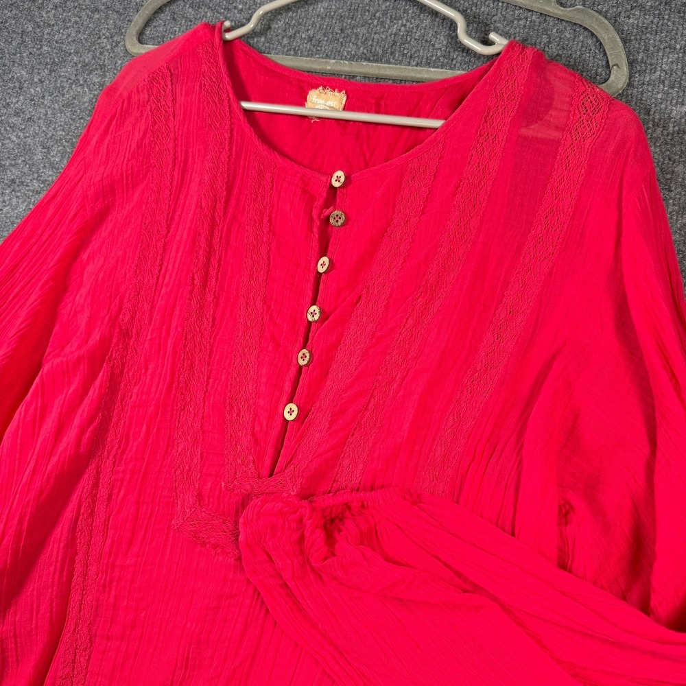 Free People Tunic Top Womens Medium Hot Pink Cotton Lace Boho Balloon Sleeve